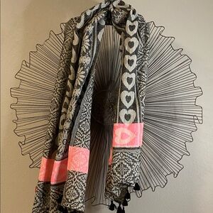 Betsey Johnson Black Pink White Hearts Scarf 28”x 64”